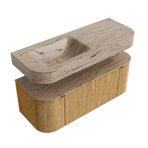 MONDIAZ THOR-DLUX 120cm badmeubel ronding links + rechts kleur Oak met 1 lade en 2 deuren. Vrijhangende wastafel CLOUD Links zonder kraangat kleur Arena. SW1463411
