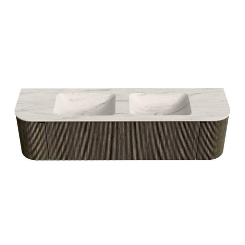 MONDIAZ KURVE-DLUX 170cm badmeubel ronding Links + Rechts kleur Shadow met 1 lade en 2 deuren. Wastafel LEAF Dubbel 2 kraangaten Meli. SW1431811
