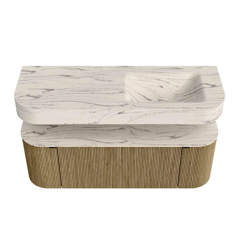 MONDIAZ THOR-DLUX 130cm meuble de salle de bains arrondi gauche + droite couleur Dusk avec 1 tiroir et 2 portes. Vasque suspendue CLOUD Droite 1 trou de robinet couleur Nata. SW1463879