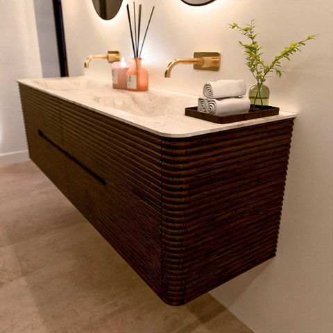 Mondiaz CIRO-DLUX Badkamermeubelset - 170x45x50cm - Solid surface wastafel Frappe - 2 wasbak Dubbel - zonder kraangaten - 4 lades - Walnut SW1530205