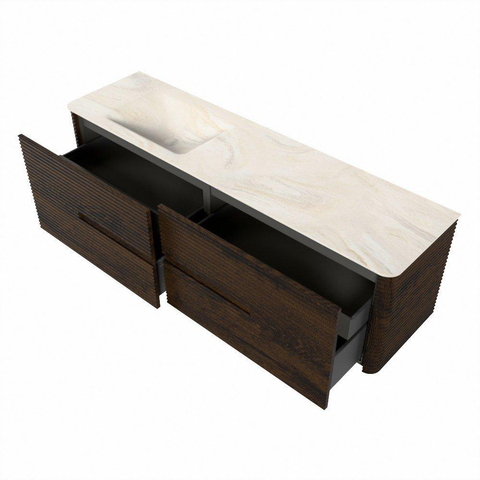 Mondiaz CIRO-DLUX Ensemble de meubles de salle de bains - 170x45x50cm - plan-vasque solid surface Ostra - 1 bassin à gauche - sans trous de robinet - 4 tiroirs - Noyer SW1530388