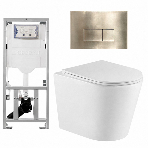 QeramiQ Dely Toiletset - 36.3x51.7cm - diepspoel - rimless - Geberit UP320 inbouwreservoir - softclose toilet zitting - 35mm - geborsteld messing bedieningsplaat - rechthoekige knoppen - mat wit SW1235378