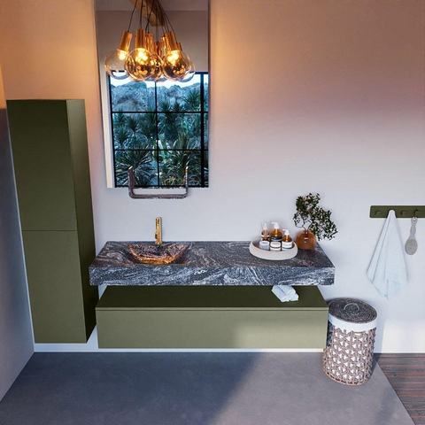 Mondiaz ALAN-DLUX Ensemble de meuble - 150cm - meuble Army mat - 1 tiroir - Lavabo Cloud Lava suspendu - vasque Gauche - 1 trou de robinet SW808538