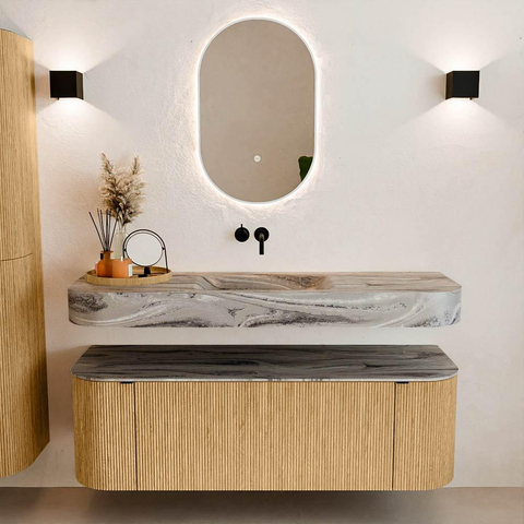 MONDIAZ THOR-DLUX 140cm meuble de salle de bains arrondi gauche + droite couleur Oak avec 1 tiroir et 2 portes. Vasque suspendue CLOUD Milieu sans trou de robinet couleur Sombra. SW1464359