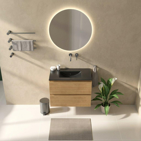 Saniclass Holz Pure Badkamermeubelset - 80x45x62cm - Vygo keramische wastafel zwart - 1 wasbak - zonder kraangat - 2 lades - mat eiken natural (hout) SW1478952