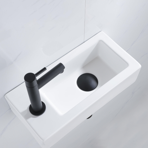 QeramiQ Fuente fonteinset – 37.5x18.5x9 cm – keramiek wit mat – kraangat links – mat zwarte kraan SW1232728