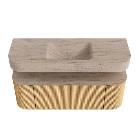 MONDIAZ THOR-DLUX Meuble de salle de bains 130cm arrondi gauche + droite couleur Oak avec 1 tiroir et 2 portes. Vasque suspendue CLOUD Milieu sans trou de robinet couleur Saba. SW1464005
