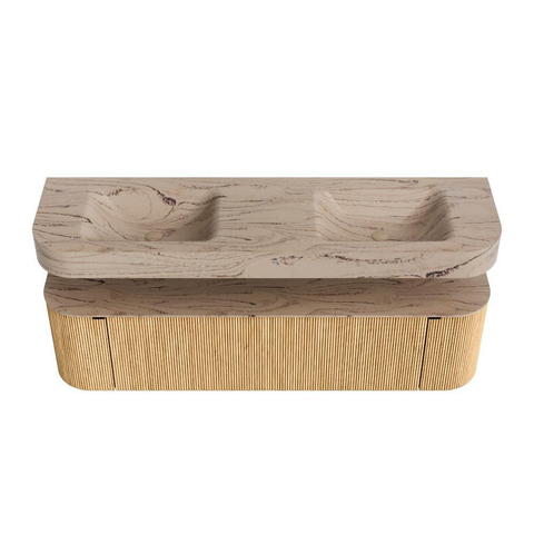 MONDIAZ THOR-DLUX 170cm badmeubel ronding links + rechts kleur Oak met 1 lade en 2 deuren. Vrijhangende wastafel CLOUD Dubbel 2 kraangaten kleur Arena. SW1465788
