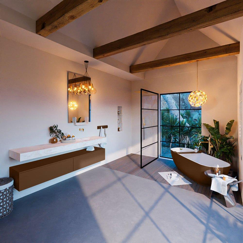 Mondiaz ALAN-DLUX Ensemble de meuble - 200cm - meuble Rust mat - 2 tiroirs - Lavabo Cloud Ostra suspendu - vasque Droite - 0 trous de robinet SW807666