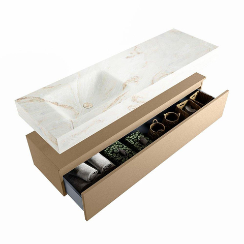 Mondiaz ALAN-DLUX Ensemble de meuble - 150cm - meuble Oro mat - 1 tiroir - Lavabo Cloud Frappe suspendu - vasque Gauche - 1 trou de robinet SW805841