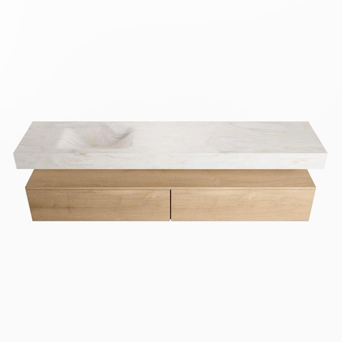 Mondiaz ALAN-DLUX Ensemble de meuble - 200cm - meuble Washed Oak mat - 2 tiroirs - Lavabo Cloud Ostra suspendu - vasque Gauche - 0 trous de robinet SW808904