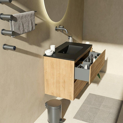 Saniclass Holz Pure Badkamermeubelset - 80x45x62cm - Vygo keramische wastafel zwart - 1 wasbak - zonder kraangat - 2 lades - mat eiken natural (hout) SW1478952