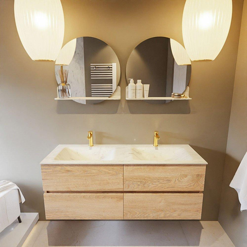 MONDIAZ VICA-DLUX Ensemble meuble de salle de bains - 130cm - meuble bas Washed oak - 4 tiroirs - vasque encastrée cloud double - 2 trous de robinet - version haute 60cm - opalo SW1088441