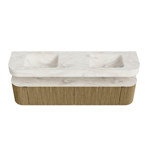 MONDIAZ THOR-DLUX Meuble de salle de bains 190cm arrondi gauche + droite couleur Dusk avec 2 tiroirs et 2 portes. Vasque suspendue CLOUD Double 2 trous de robinet couleur Ostra. SW1466490