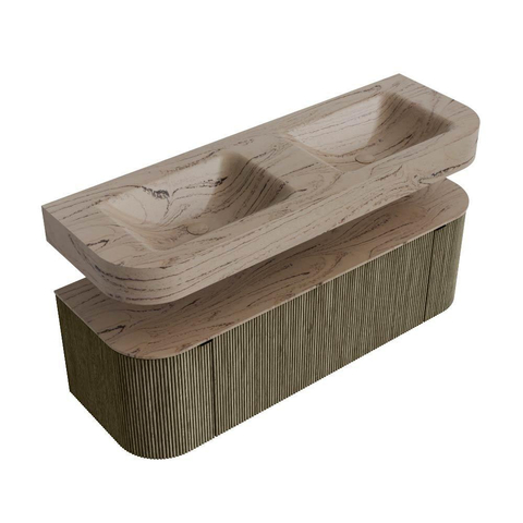 MONDIAZ THOR-DLUX 140cm meuble de salle de bains arrondi gauche + droite couleur Shadow avec 1 tiroir et 2 portes. Vasque suspendue CLOUD Double 2 trous de robinet couleur Arena. SW1464396