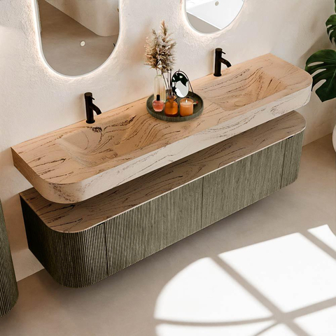 MONDIAZ THOR-DLUX 180cm meuble de salle de bains arrondi gauche + droite couleur Shadow avec 2 tiroirs et 2 portes. Vasque suspendue CLOUD Double 2 trous de robinet couleur Arena. SW1466146
