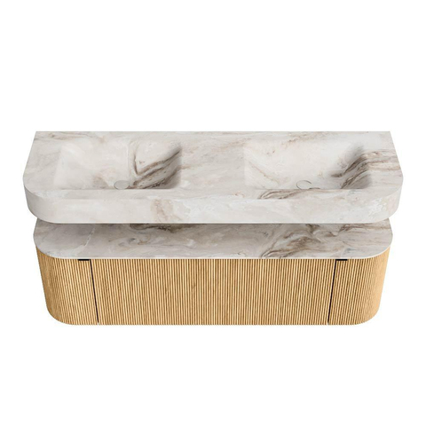 MONDIAZ THOR-DLUX 150cm meuble de salle de bains arrondi gauche + droite couleur Oak avec 1 tiroir et 2 portes. Vasque suspendue CLOUD Double 2 trous de robinet couleur Frappe. SW1464587
