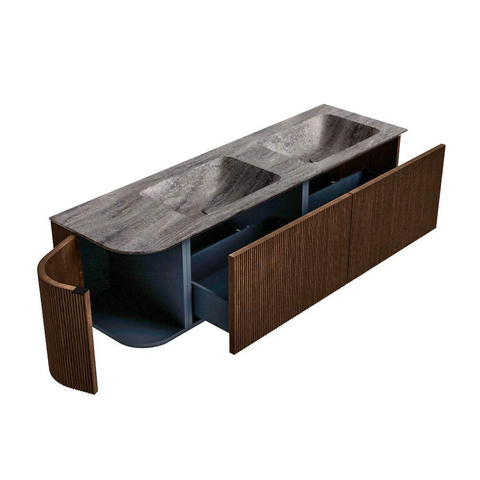 MONDIAZ KURVE-DLUX 155cm badmeubel ronding Links kleur Walnut met 2 lades en 1 deur. Wastafel LEAF Dubbel / Rechts 2 kraangaten Oza. SW1432488