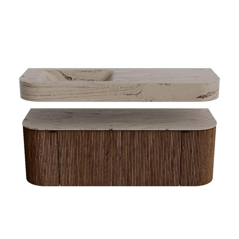 MONDIAZ THOR-DLUX 130cm meuble de salle de bains arrondi gauche + droite couleur Walnut avec 1 tiroir et 2 portes. Vasque suspendue CLOUD Gauche sans trou de robinet couleur Arena. SW1463770