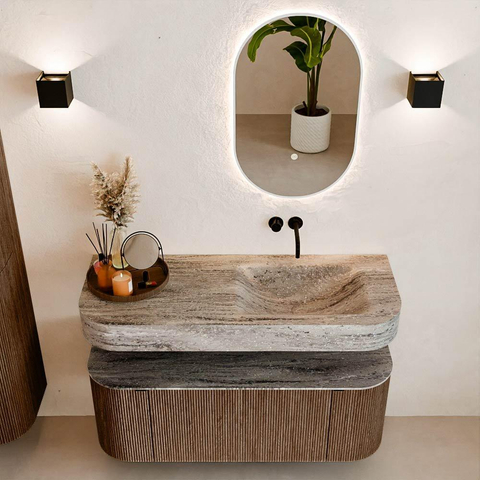 MONDIAZ THOR-DLUX 120cm meuble de salle de bains arrondi gauche + droite couleur Walnut avec 1 tiroir et 2 portes. Vasque suspendue CLOUD droite sans trou de robinet couleur Oza. SW1463385