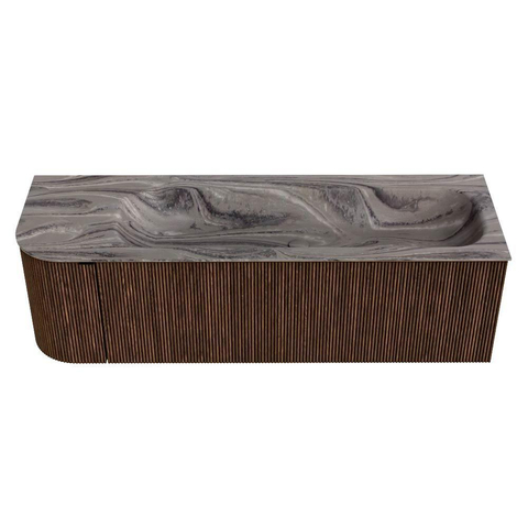 MONDIAZ KURVE-DLUX Meuble de salle de bains 145cm arrondi à gauche couleur Walnut avec 1 tiroir et 1 porte. Lavabo BIG LARGE à droite sans trou de robinet Sombra. SW1433675