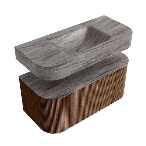 MONDIAZ THOR-DLUX 100cm meuble de salle de bains arrondi gauche + droite couleur Walnut avec 1 tiroir et 2 portes. Vasque suspendue CLOUD Milieu sans trou de robinet couleur Oza. SW1467574