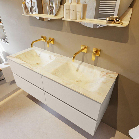 VICA-DLUX 130cm meuble de salle de bain sous-vasque Lin 4 tiroirs. Lavabo encastré CLOUD double sans trou de robinet, couleur Frappe. SW902501
