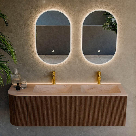 MONDIAZ KURVE-DLUX Meuble de salle de bains 145cm arrondi à gauche couleur Walnut avec 1 tiroir et 1 porte. Lavabo LEAF Double / Droite 2 trous de robinet Saba. SW1433212