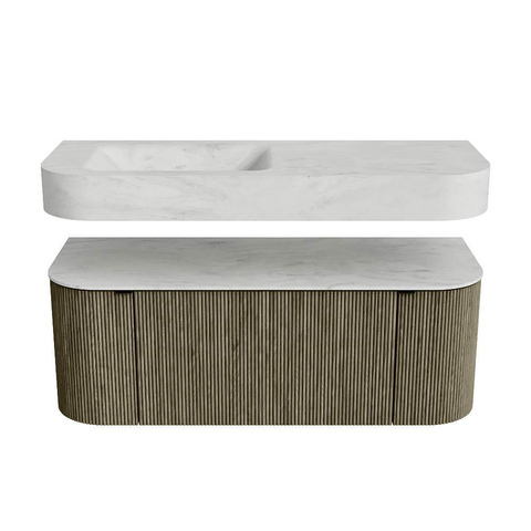 MONDIAZ THOR-DLUX 120cm meuble de salle de bains arrondi gauche + droite couleur Shadow avec 1 tiroir et 2 portes. Vasque suspendue CLOUD Gauche sans trou de robinet couleur Opalo. SW1463197