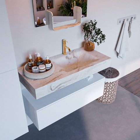 Mondiaz ALAN-DLUX Ensemble de meuble - 100cm - meuble Talc mat - 1 tiroir - Lavabo Cloud Frappe suspendu - vasque Droite - 1 trou de robinet SW804854