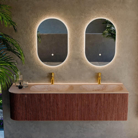 MONDIAZ KURVE-DLUX Meuble de salle de bains 165cm arrondi à gauche couleur Ruby avec 2 tiroirs et 1 porte. Lavabo STOR SMALL Double / Droite 2 trous de robinet Saba. SW1433510