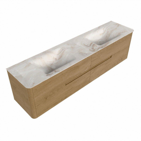 Mondiaz CIRO-DLUX Meuble de salle de bains complet - 190x45x50cm - Plan vasque solid surface Frappe - 2 vasques double - 2 perçages pour robinet - 4 tiroirs - Chêne SW1530786