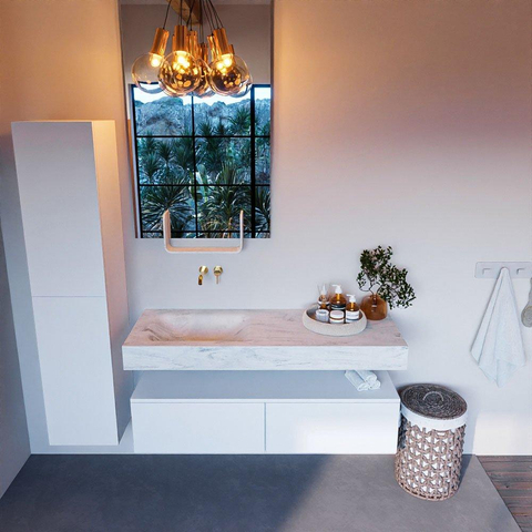 Mondiaz ALAN-DLUX Ensemble de meuble - 130cm - meuble Talc mat - 2 tiroirs - Lavabo Cloud Opalo suspendu - vasque Gauche - 0 trous de robinet SW806484