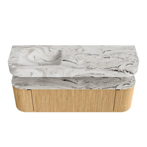 MONDIAZ THOR-DLUX 150cm badmeubel ronding links + rechts kleur Oak met 1 lade en 2 deuren. Vrijhangende wastafel CLOUD Links 1 kraangat kleur Glace. SW1464591