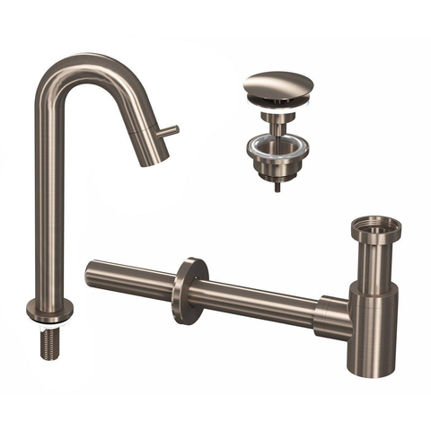 INK 5A Fonteinkraanset - staande Fonteinkraan - hoog gebogen - always open - plug en designSifon - nikkel geborsteld SW693057