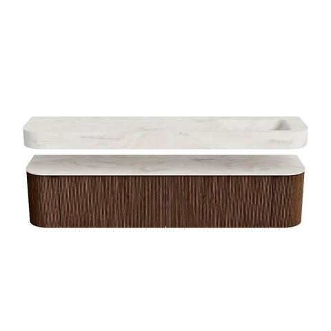 MONDIAZ THOR-DLUX 200cm meuble de salle de bains arrondi gauche + droite couleur Walnut avec 2 tiroirs et 2 portes. Vasque suspendue CLOUD Droite 1 trou de robinet couleur Ostra. SW1466829