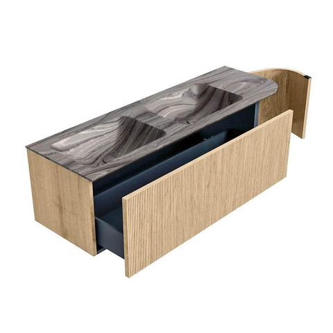 MONDIAZ KURVE-DLUX Meuble de salle de bains 145cm arrondi à droite couleur Chêne avec 1 tiroir et 1 porte. Lavabo LEAF Double / Gauche sans trou de robinet Sombra. SW1433589