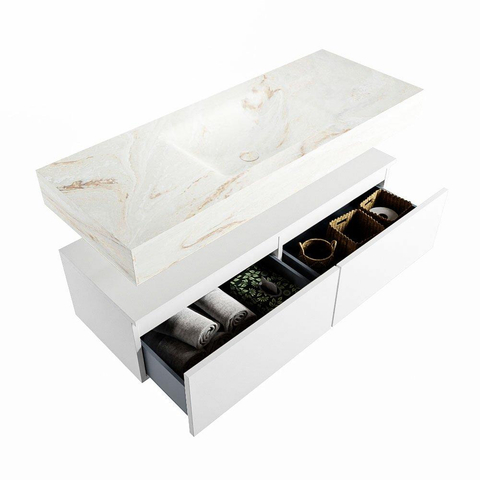 Mondiaz ALAN-DLUX Ensemble de meuble - 120cm - meuble Talc mat - 2 tiroirs - Lavabo Cloud Frappe suspendu - vasque Centre - 1 trou de robinet SW804846