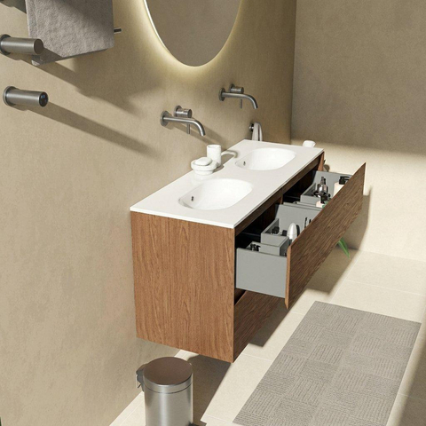 Saniclass Holz Pure Badkamermeubelset - 120x45x74cm - Chaci keramische wastafel wit - 2 wasbakken - zonder kraangaten - 4 lades - mat walnut pure (hout) SW1478244