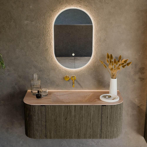 MONDIAZ KURVE-DLUX 110cm badmeubel ronding Links + Rechts kleur Shadow met 1 lade en 2 deuren. Wastafel CLOUD Midden zonder kraangat Saba. SW1433406