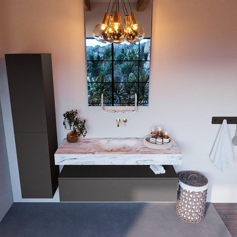 Mondiaz ALAN-DLUX Ensemble de meuble - 130cm - meuble Dark grey mat - 1 tiroir - Lavabo Cloud Glace suspendu - vasque Centre - 0 trous de robinet SW805400