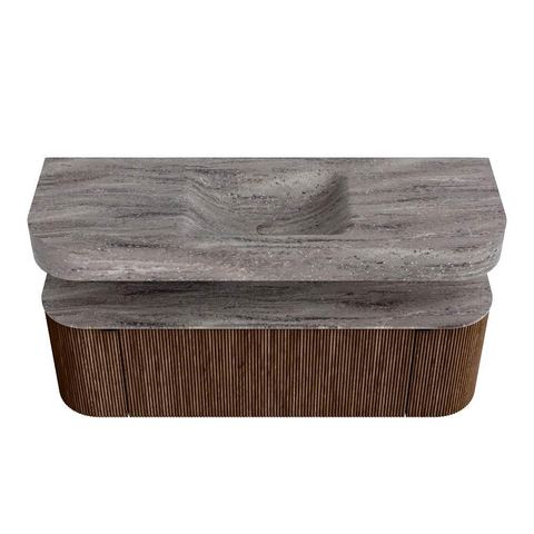 MONDIAZ THOR-DLUX 140cm meuble de salle de bains arrondi gauche + droite couleur Walnut avec 1 tiroir et 2 portes. Vasque suspendue CLOUD Milieu 1 trou de robinet couleur Oza. SW1464283