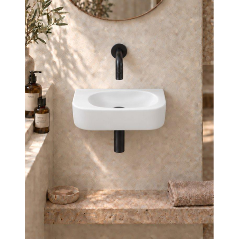 QeramiQ Fuente pack lave-mains – demi-rond – 40 x 21,5 x 12 cm – céramique blanc mat – sans perçage – robinet noir mat SW1233083