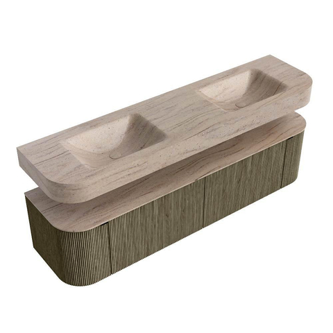 MONDIAZ THOR-DLUX 180cm meuble de salle de bains arrondi gauche + droite couleur Shadow avec 2 tiroirs et 2 portes. Vasque suspendue CLOUD Double 2 trous de robinet couleur Saba. SW1466255