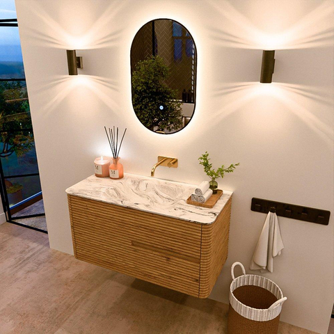 Mondiaz CIRO-DLUX Badkamermeubelset - 100x45x50cm - Solid surface wastafel Glace - 1 wasbak Midden - zonder kraangaten - 2 lades - Oak SW1530809