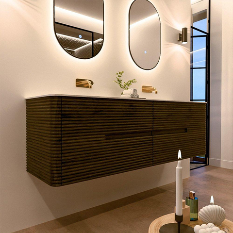 Mondiaz CIRO-DLUX Badkamermeubelset - 160x45x50cm - Solid surface wastafel Opalo - 2 wasbak Dubbel - zonder kraangaten - 4 lades - Shadow SW1532431