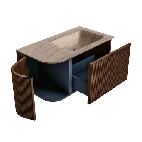 MONDIAZ KURVE-DLUX Meuble de salle de bains 85cm arrondi à gauche couleur Walnut avec 1 tiroir et 1 porte. Lavabo CLOUD à droite 1 trou de robinet Saba. SW1433147