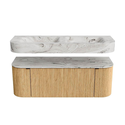 MONDIAZ THOR-DLUX 130cm badmeubel ronding links + rechts kleur Oak met 1 lade en 2 deuren. Vrijhangende wastafel CLOUD Dubbel zonder kraangat kleur Glace. SW1463526