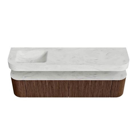 MONDIAZ THOR-DLUX 190cm badmeubel ronding links + rechts kleur Walnut met 2 lades en 2 deuren. Vrijhangende wastafel CLOUD Links 1 kraangat kleur Opalo. SW1466537