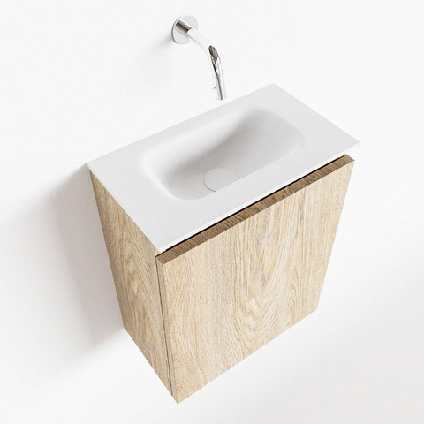 MONDIAZ TURE Kit lave-mains - 40x23x50cm - 0 trous de robinet - 1 porte - chêne blanchi mat - Lavabo centré - Solid Surface Blanc SW475146